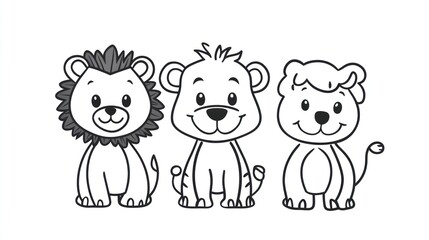 Obraz premium Three adorable cartoon lion characters are sitting side by side