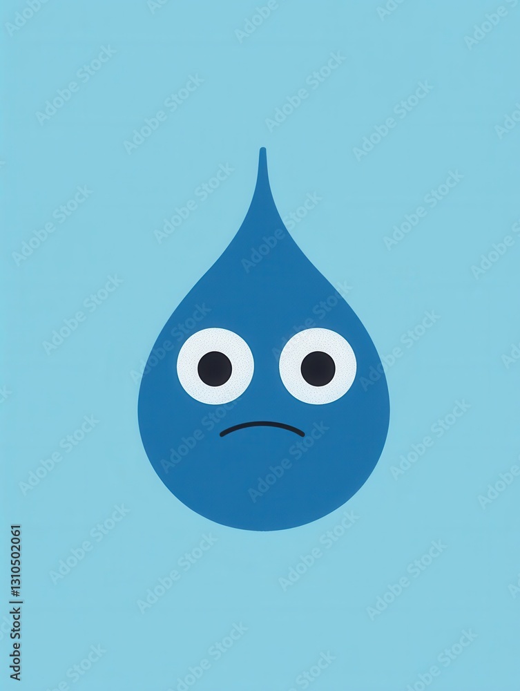 Poster sad blue water drop icon features simple style with expressive eyes and minimalist design on a light