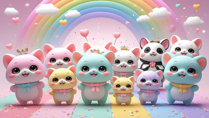 Cute pastel bunnies in princess crowns with colorful rainbow background, adorable kawaii bunnies with hearts and balloons, spring pastel aesthetic