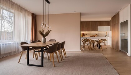 Contemporary Apartment Dining Room Empty Space with Minimalistic Beige Furniture and Neutral Tones, Evoking a Sleek, Sophisticated Ambiance.