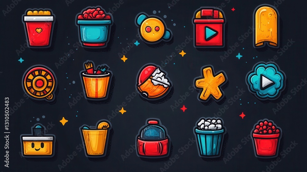 Poster vibrant collection of 15 retro style entertainment related icons and design elements for multimedia 