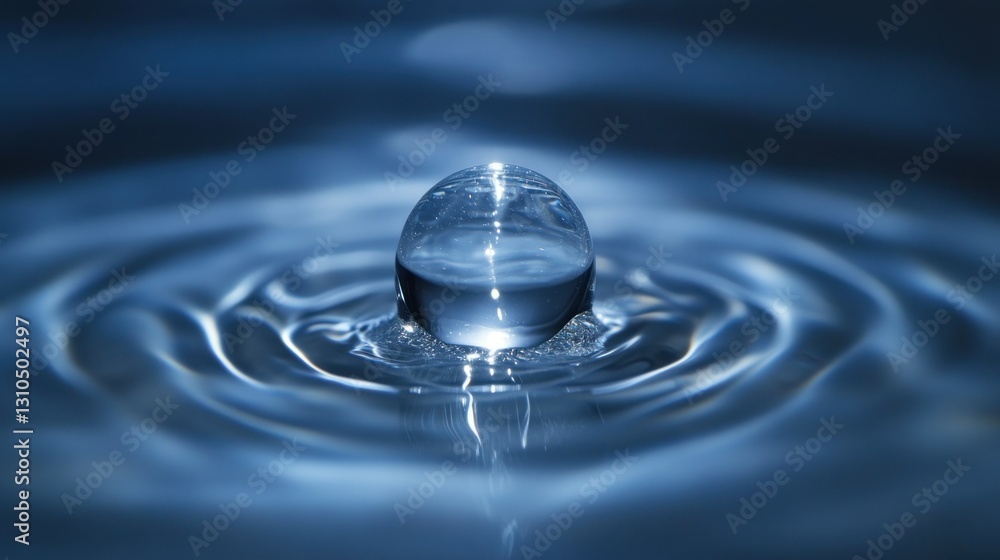 Poster clear water droplet creating ripples in calm pool during soft light reflection