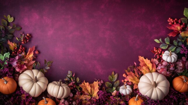 A stunning arrangement showcases various pumpkins and colorful autumn leaves against a deep purple background, perfect for seasonal decor
