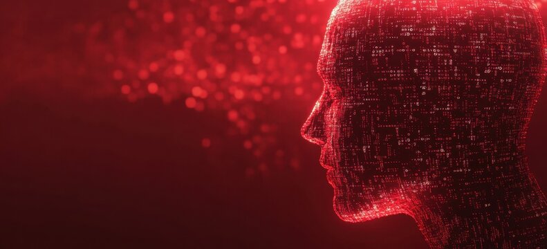 Red background with a digital human head profile made of binary code and circuit patterns, symbolizing artificial intelligence technology in the style of a dark red color palette Generative AI