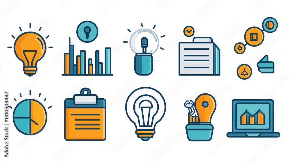 Poster minimalist collection of 15 linear icons representing various business analytics data visualization 