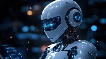 Fototapeta premium Close Up Futuristic Robot Examining Digital Data on a Tablet