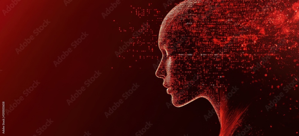 Poster abstract background with a red, glowing digital head profile and binary code on a dark red backgroun