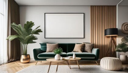 Stylish Modern Living Room, Blending Elegance with Artistic Flair through a Gorgeous Wall Poster Frame and Trendy Decor Elements, Showcasing an Inviting Atmosphere for Home Inspiration.