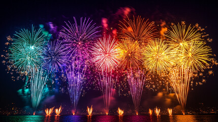 Spectacular Nighttime Fireworks Display Over Water Celebration