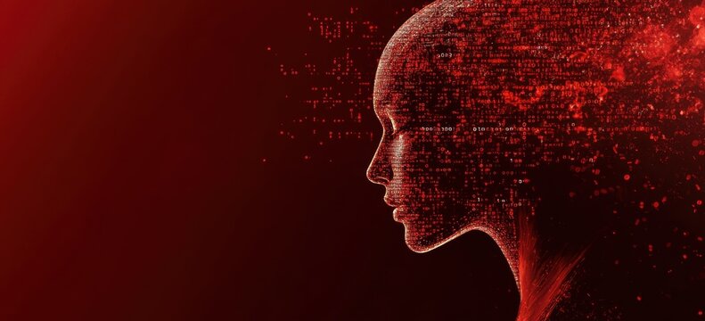Abstract background with a red, glowing digital head profile and binary code on a dark red background, representing the concept of artificial intelligence technology and big data Generative AI