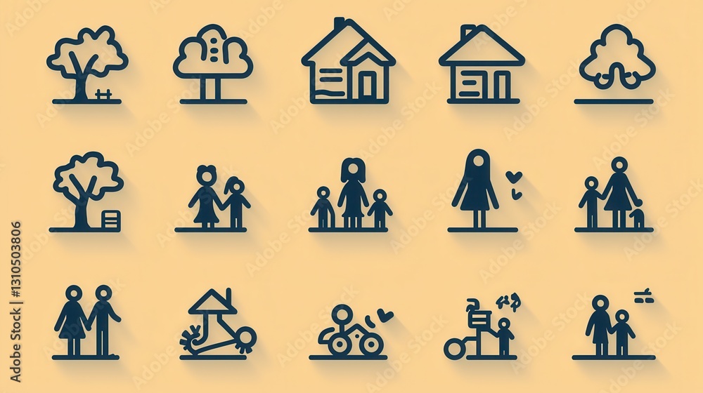Poster a set of 15 minimalist icons depicting various family and household related concepts in a simple lin