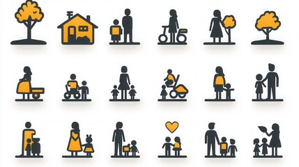 This minimalist family web icon pack features a collection of 15 line depicting various household  relationship  and concepts in a simple  flat  and abstract style