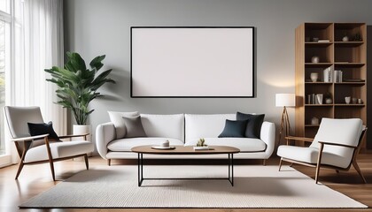 Modern Minimalist Living Room Oasis A Symphony of White and Neutrals Set Against a Sophisticated Poster Frame, Inviting Tranquility and Inspiring Design Innovation.