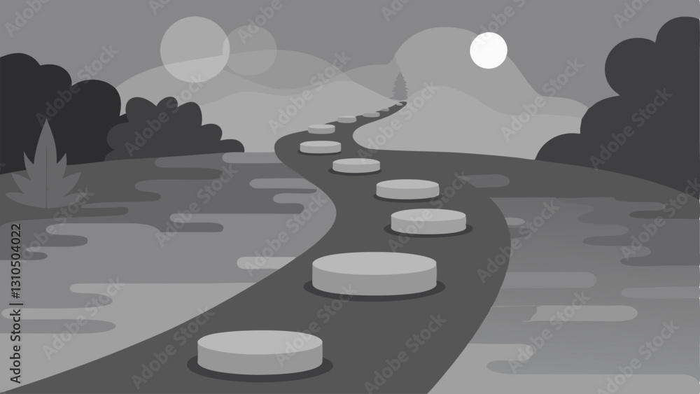 Poster stepping stones a path made of stepping stones leading through a fog. each stone is labeled with wor