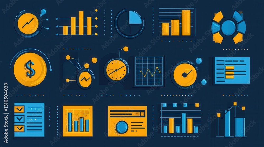 Poster minimalist line icon collection with 15 data visualization elements including charts graphs diagrams