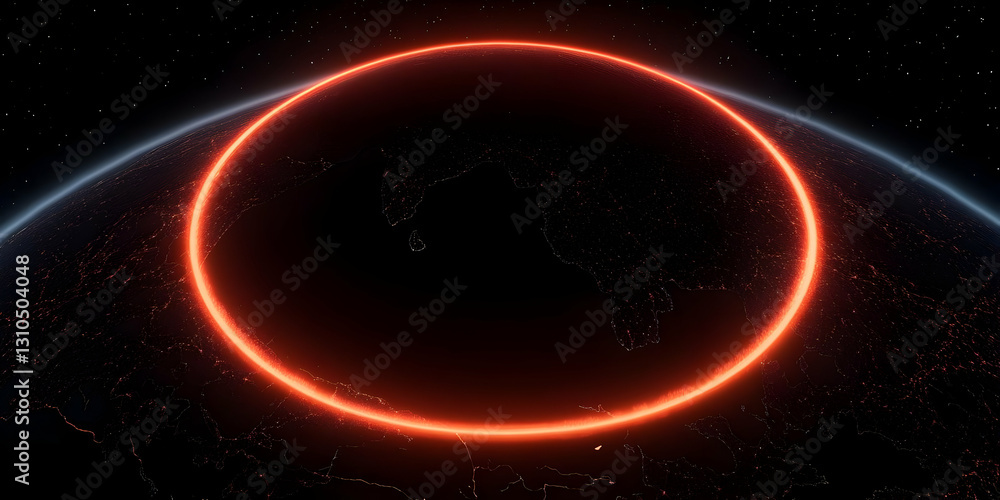 Poster glowing red ring around planet in space 3d render