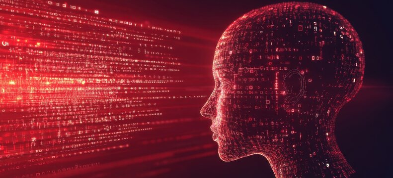 Red digital background vector illustration of an artificial intelligence concept with a human head profile and binary code Generative AI