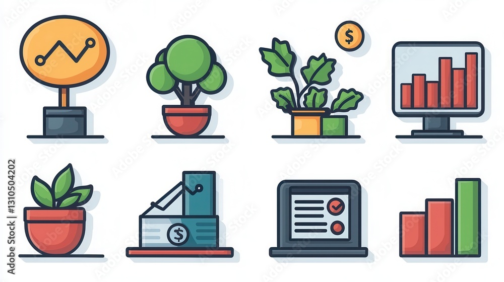 Poster collection of minimalist line icons representing various data visualization elements such as graphs 