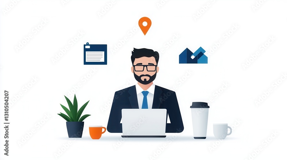 Poster minimalist and clean workspace setup with laptop computer office supplies and productivity icons for