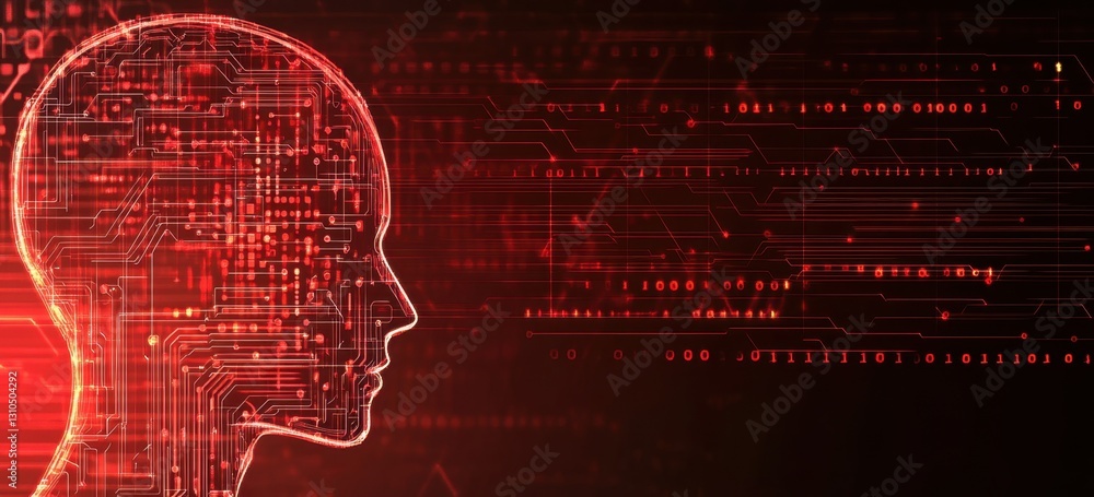 Poster red digital background vector illustration of an artificial intelligence concept with a circuit head