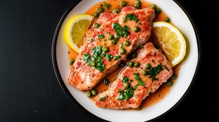 Exquisite plate of fresh salmon garnished with lemon slices perfectly arranged for an elegant dining experience