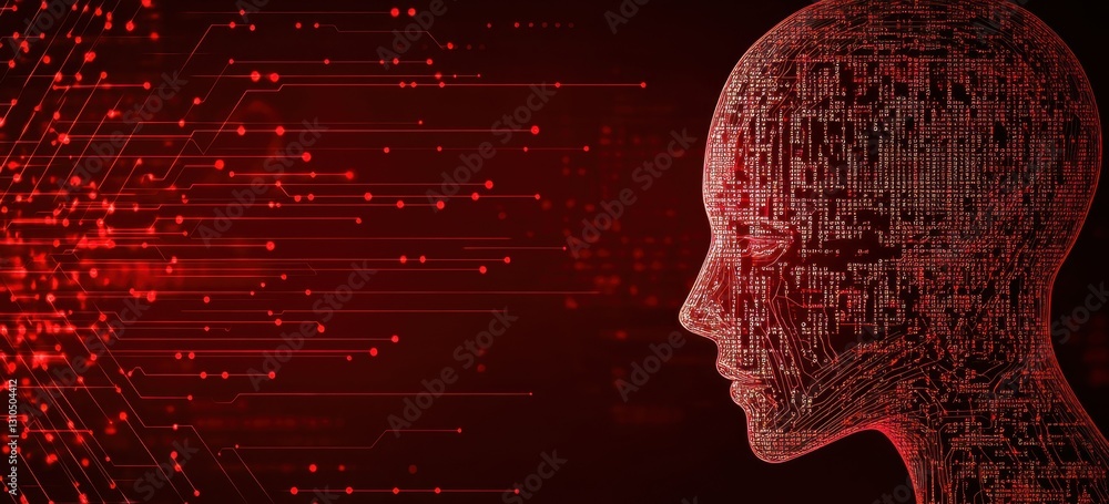 Poster red background with a digital human head and circuit board lines, symbolizing artificial intelligenc