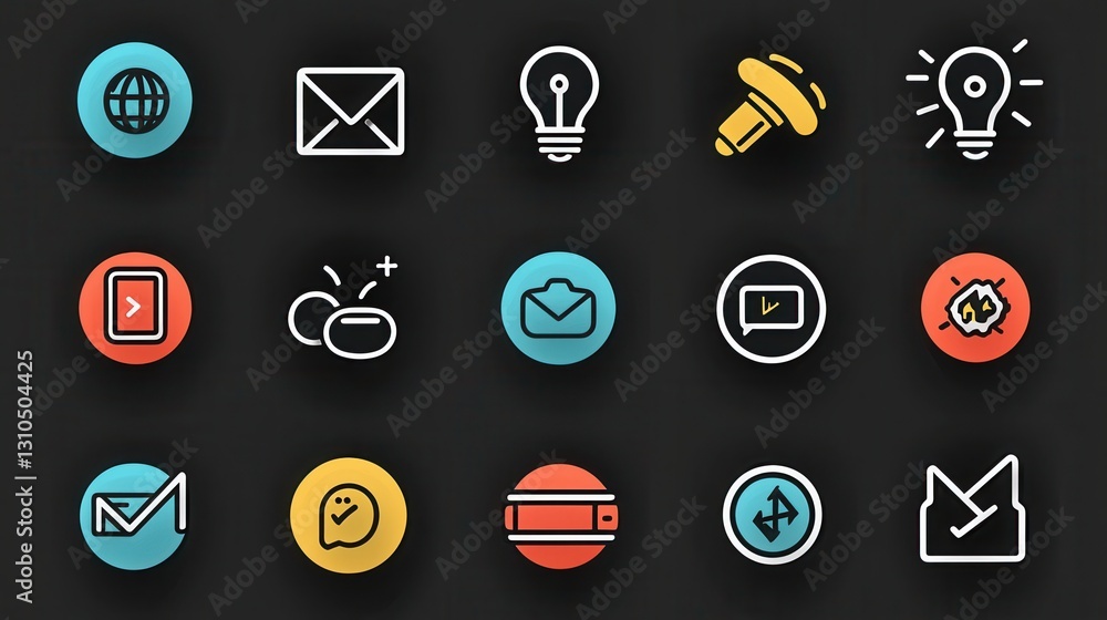 Poster set of 15 minimalist outline icons in a modern abstract style illustrating various digital communica