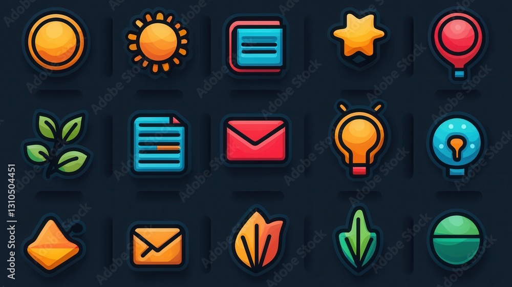 Poster a set of 15 minimalist outline icons illustrating various concepts and elements such as tea leaf sun