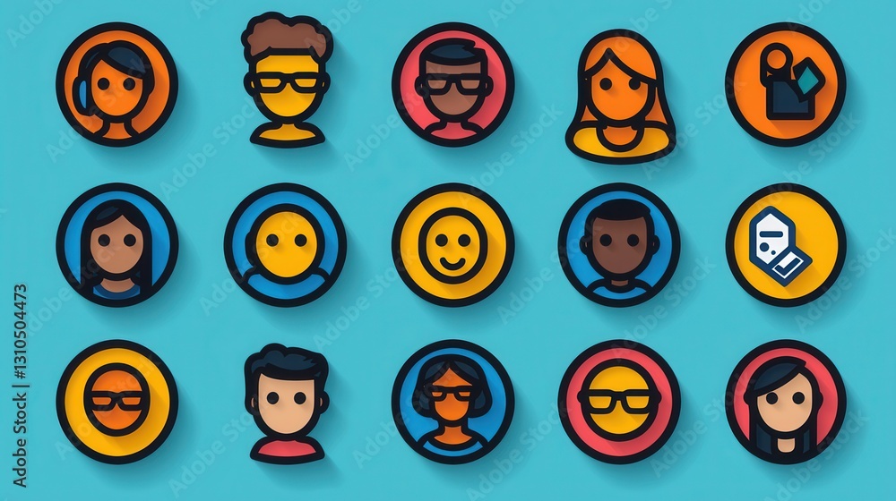 Poster a set of 15 minimalist outline icons depicting various facial expressions and tea related symbols th