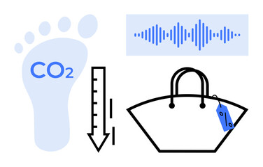 Blue footprint with CO2 symbol, vertical ruler with downward arrow, shopping bag with price tag, soundwave bar. Ideal for sustainability, emissions reduction, retail impacts, environmental awareness