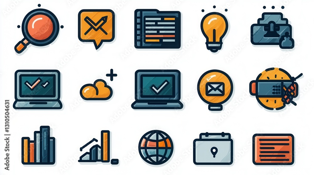 Aufkleber set of 15 minimalist outline icons visualizing various aspects of digital education technology and b