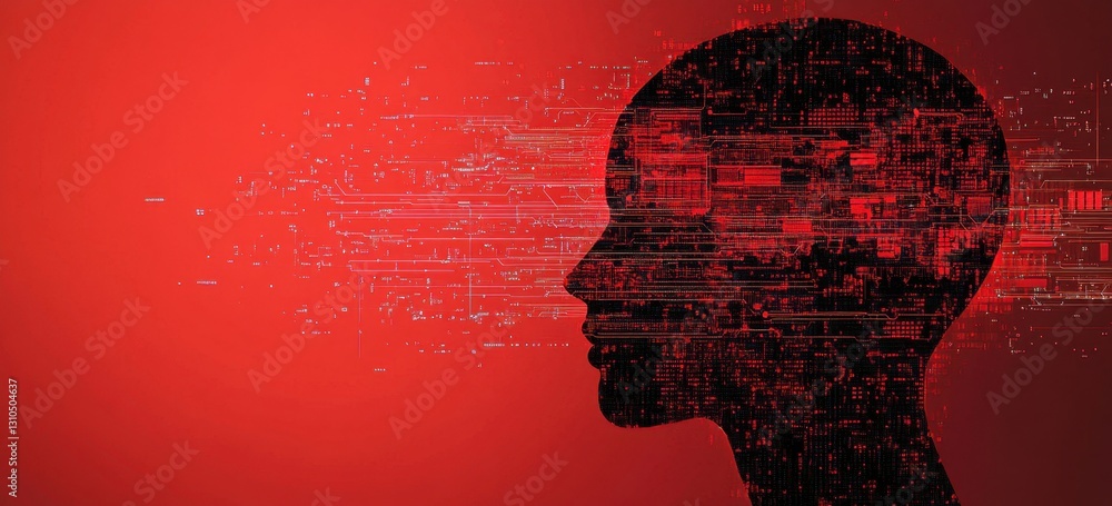 Poster artificial intelligence: a human head silhouette made of digital data and circuit lines on a red bac