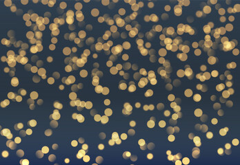 Blurred bokeh light on dark blue background. Christmas and New Year holidays template. Abstract glitter defocused blinking stars and sparks. Vector EPS 10