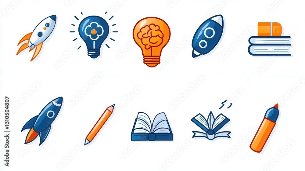 Poster a minimalist set of 15 outline icons visually representing various concepts related to creativity le