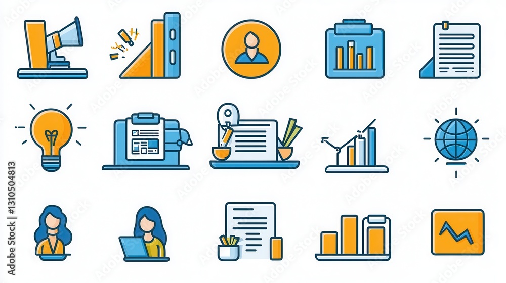 Poster a set of minimalist outline icons depicting various business finance and management concepts such as