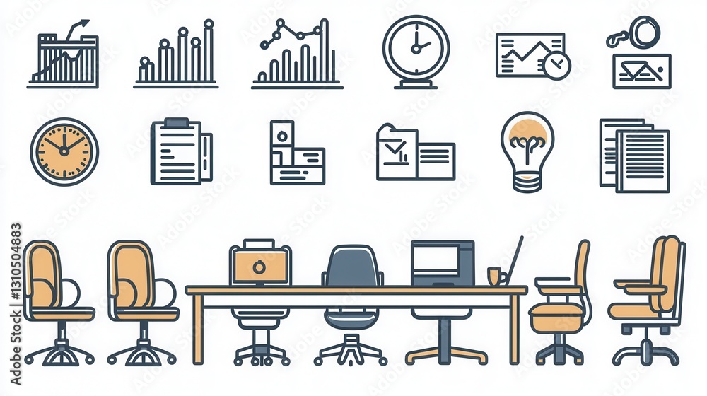 Poster set of 15 minimalist outline icons visualizing various aspects of team productivity and data analysi