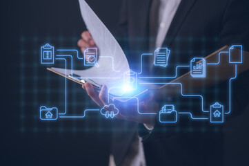 Document data system Report HR technology Concept Businessman Manager holding clipboard with checklist employee workplace checking white documents reports papers of files icon in modern office