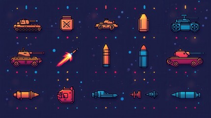 Minimalist set of 15 outline icons visualizing various elements of military warfare and futuristic weaponry including rockets missiles tanks and other combat equipment  This collection offers a sleek