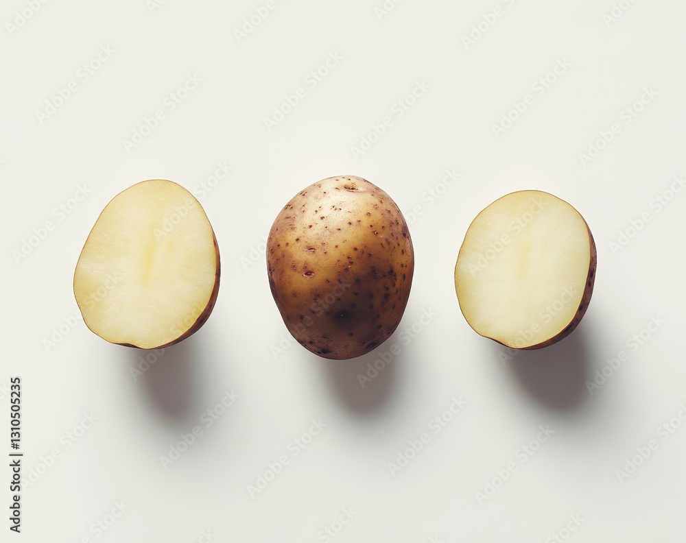 Poster whole and halved potatoes arranged on a light surface, showcasing texture and color variations, perf