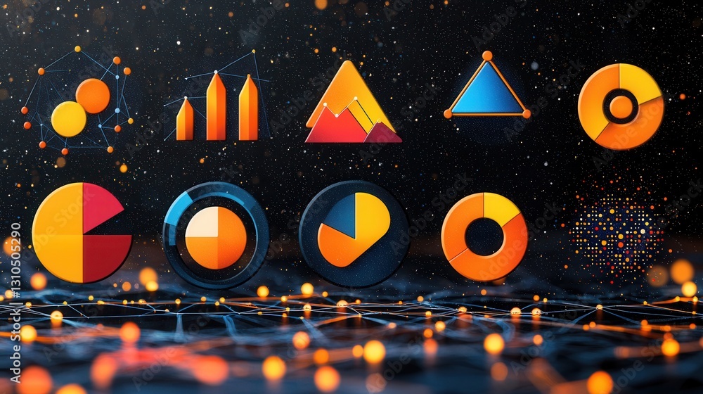 Poster minimalist statistics web icon set featuring a collection of 15 linear geometric shapes and symbols 