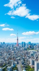 Fototapeta premium 青空と高層タワーのある都市景観イラスト,Generative AI AI画像