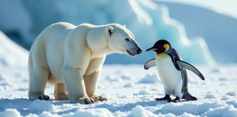 Polar bear and penguin playing together in snowy environment , animal friends, snow, arctic animals