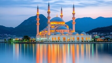 Naklejka premium Majestic Mosque Reflection at Dusk in a Serene Mountain Landscape