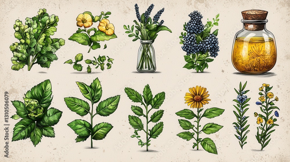Poster a collection of detailed botanical line icons showcasing a diverse array of plants foliage and flora