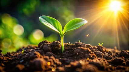 Fresh Green Sprout Emerging from Soil in Natural Sunlight