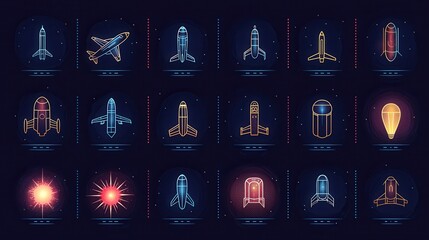This set of 15 outline icons showcases a range of war related space aerospace technology  and futuristic discovery concepts  The minimalist  modern depict various spacecraft  celestial bodies