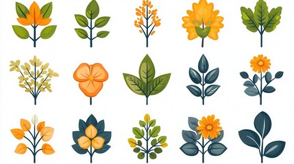 Set of 15 Outline Nature Inspired Floral and Botanical Icons Including Leaves Flowers Branches and Other Plant Elements in a Minimalist Geometric Graphic Style