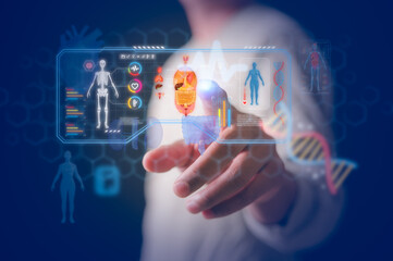 Medical technology, online health, global health network and tourism concept. Doctor using charts diagram analysing human body organs medical technology internet network, telemedicine, medical online