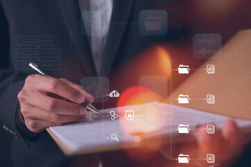 Document data system Report HR technology Concept Businessman Manager holding clipboard checking...