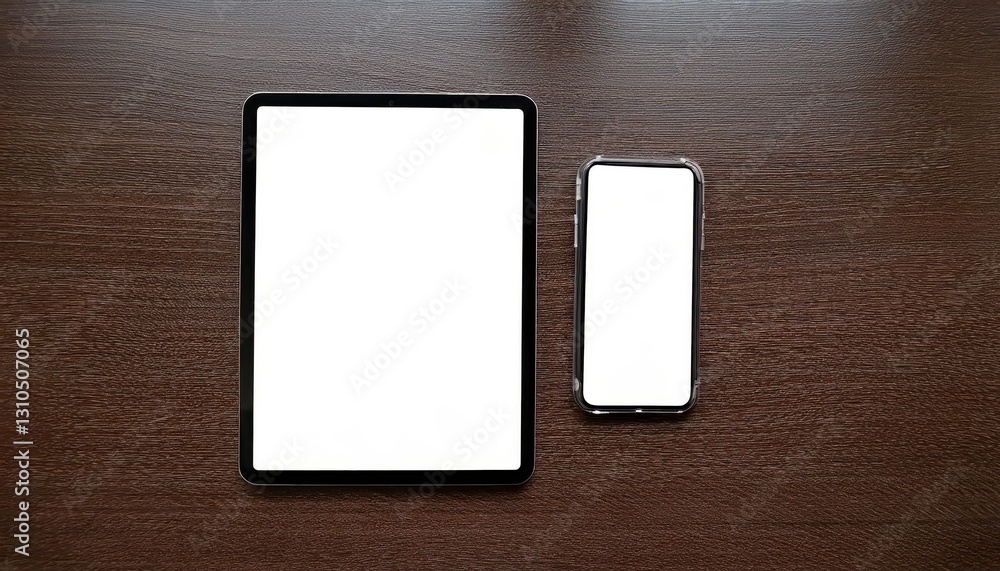 Poster minimalist future sleek modern tablet and smartphone mockup in a pristine environment, projecting an